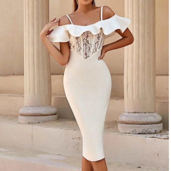 white lace front ruffle trim bodycon dress classy sassy sexy elegant holiday - Picture 4 of 6